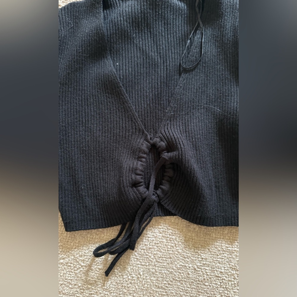 Black Ribbed Knit Top with Drawstring Detail